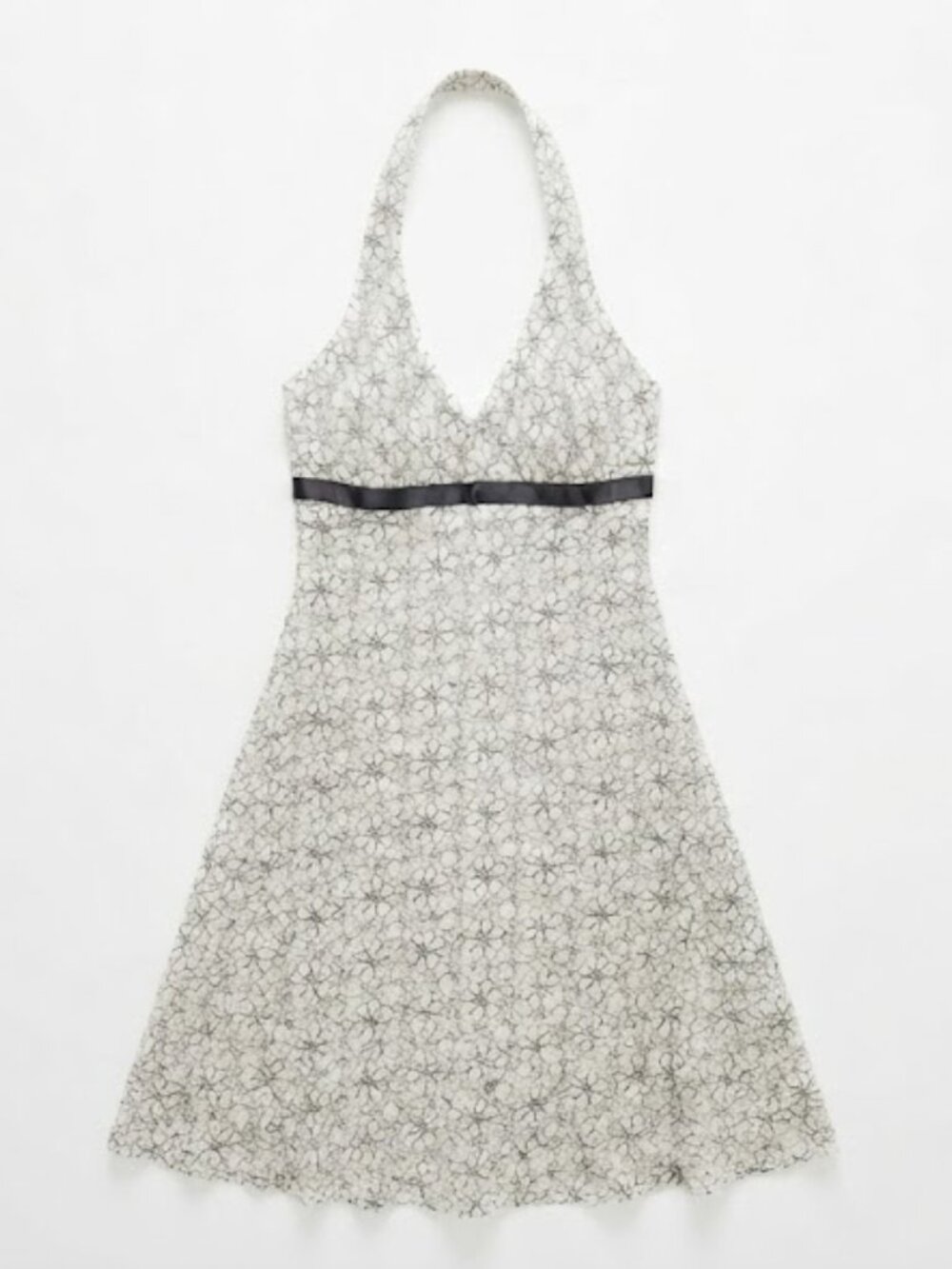 White Halter Lace Midi Dress with Black Waist Trim